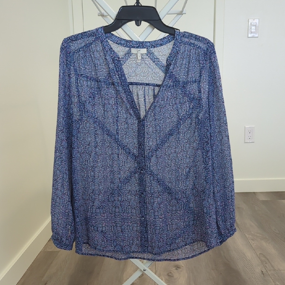 Joie 100% Silk Sheer Blue Long Sleeve Blouse Small Boho V-Neck